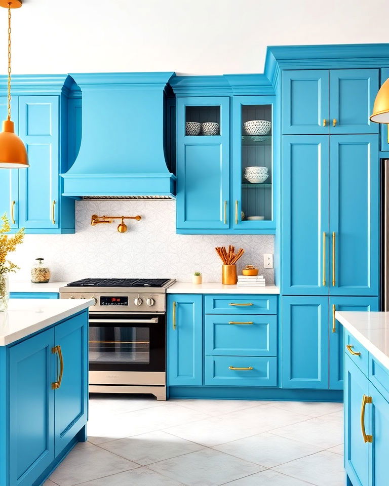 turquoise blue cabinets kitchen with gold curved handles