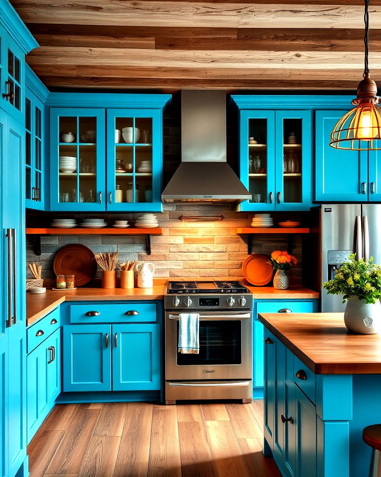 turquoise blue cabinets with industrial lighting
