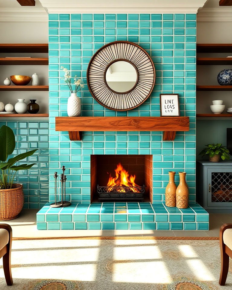 turquoise green tiles around the fireplace