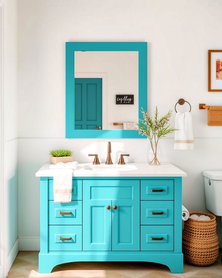 turquoise vanity with beachy decor