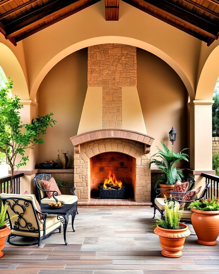 tuscan deck with arched fireplace