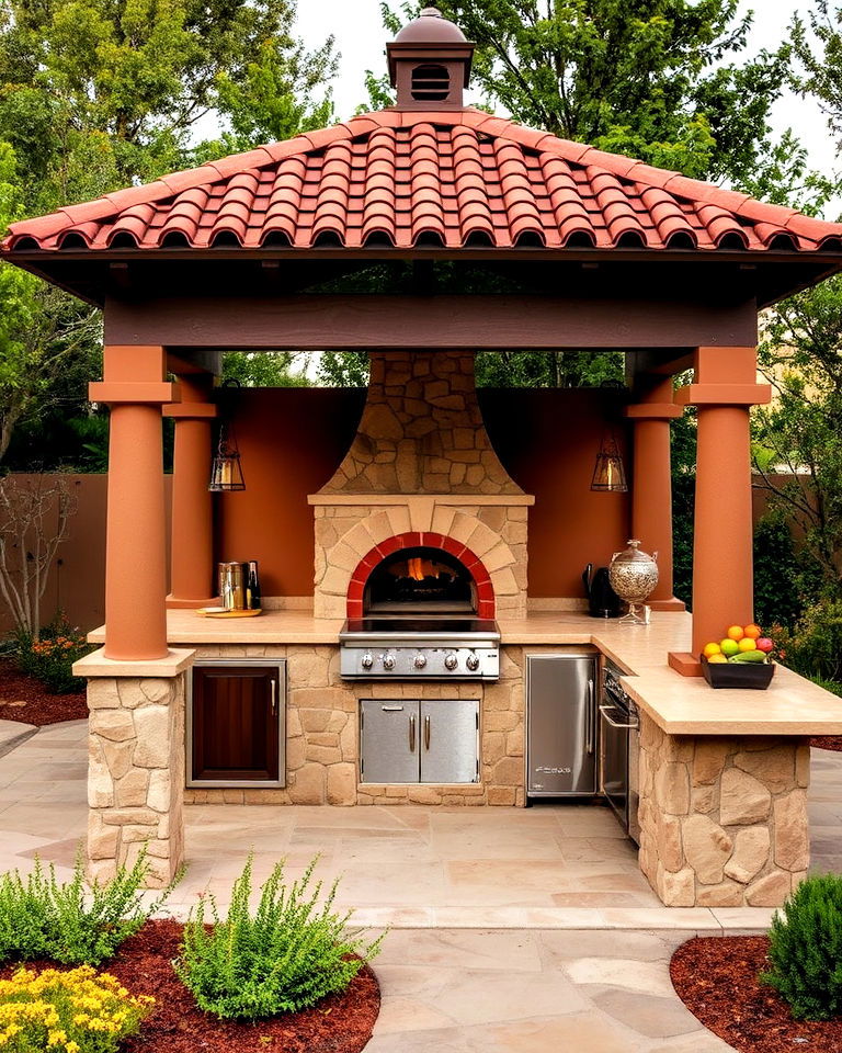 tuscan style gazebo with stucco walls and stone oven