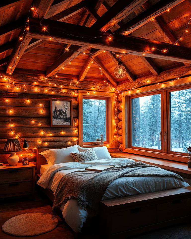 twinkling fairy lights cabin bedroom