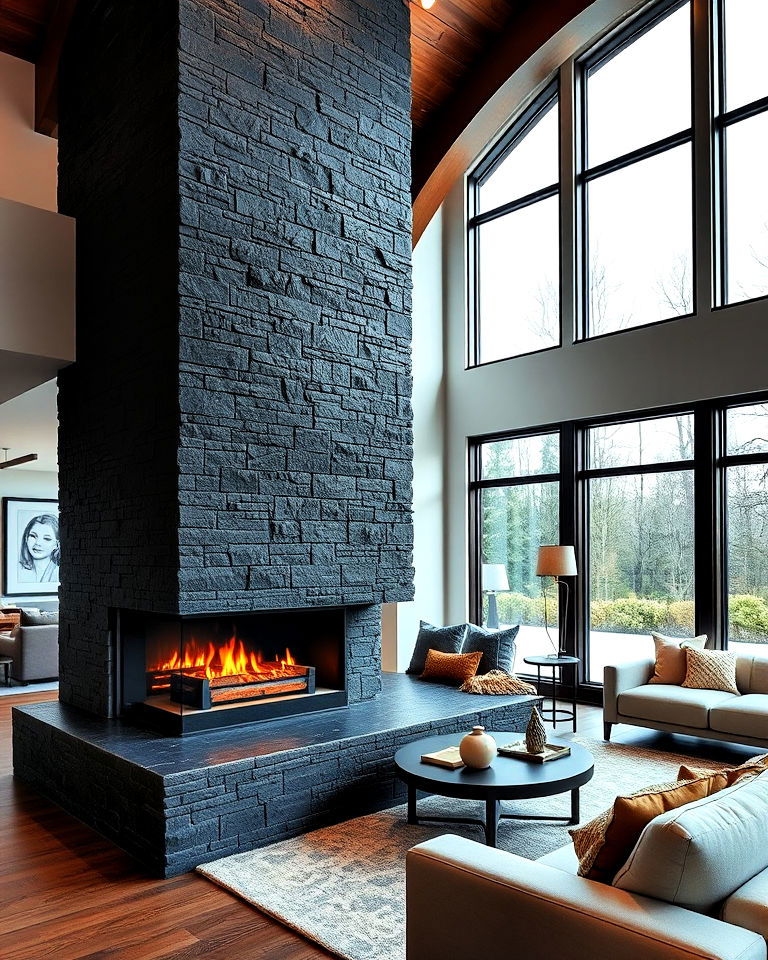 two sided black stone fireplace for open spaces