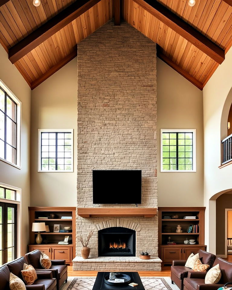 two story fireplace beneath vaulted ceiling