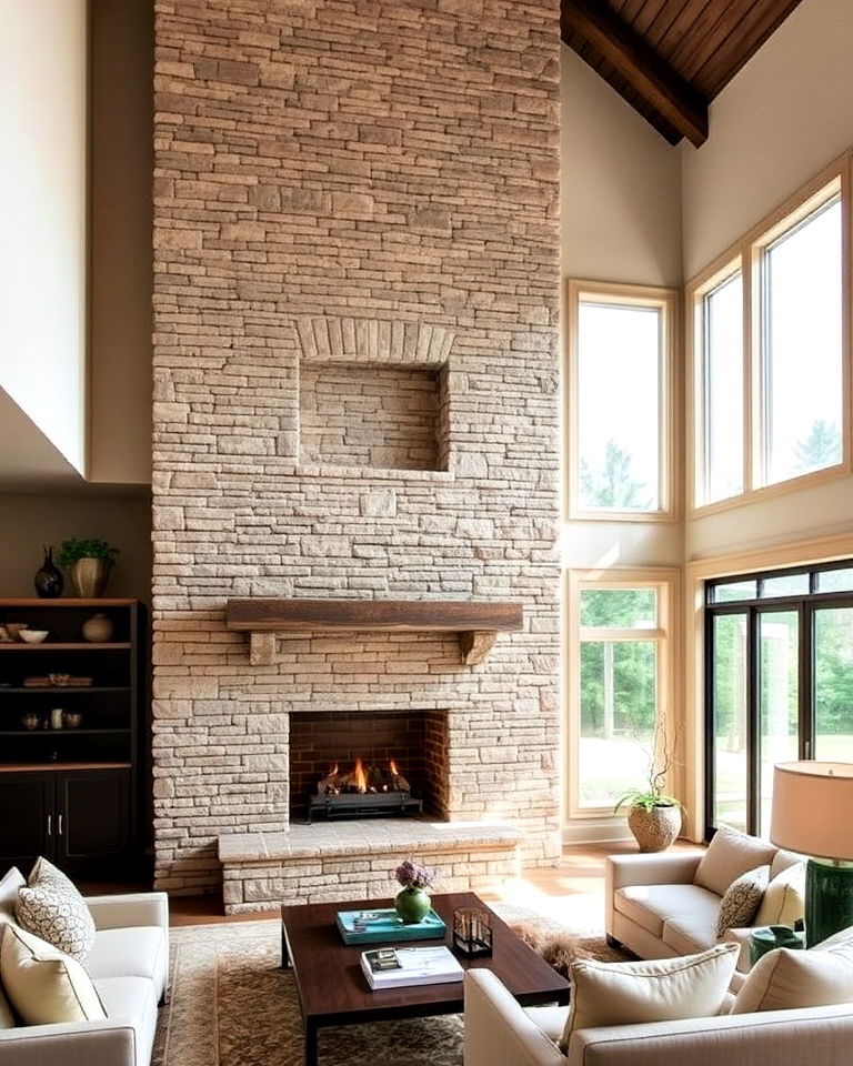 two story stacked stone fireplace