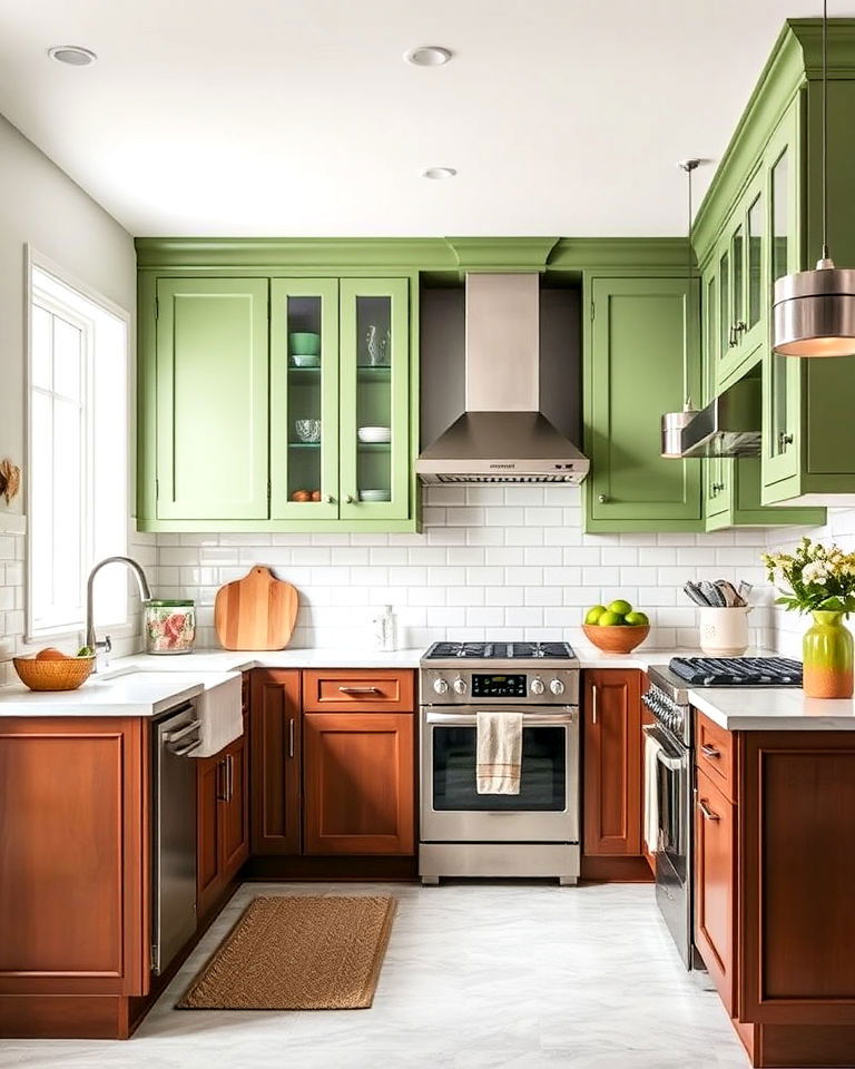 two tone kitchen cabinets green uppers and brown lowers