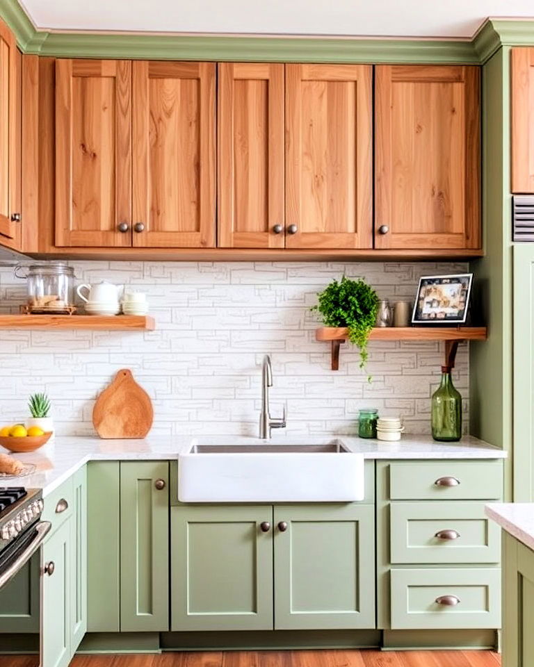 two tone kitchen cabinets with sage green and natural wood