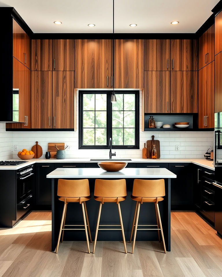 two tone kitchen with black lower cabinets and wooden upper cabinets