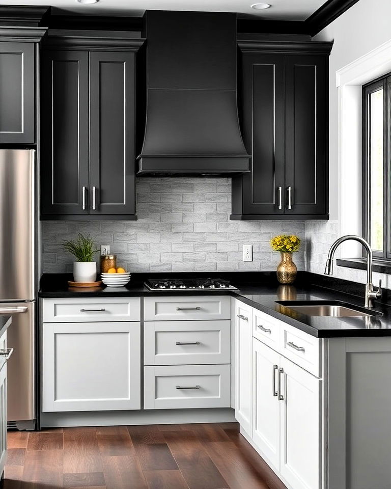 two tone kitchen with gray uppers and black countertops