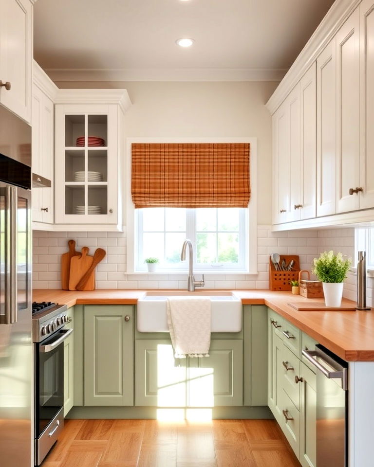 two tone sage green and white cabinets with butcher block countertop