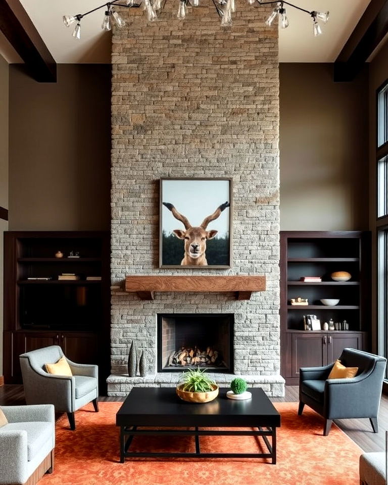 two toned floor to ceiling stone fireplace