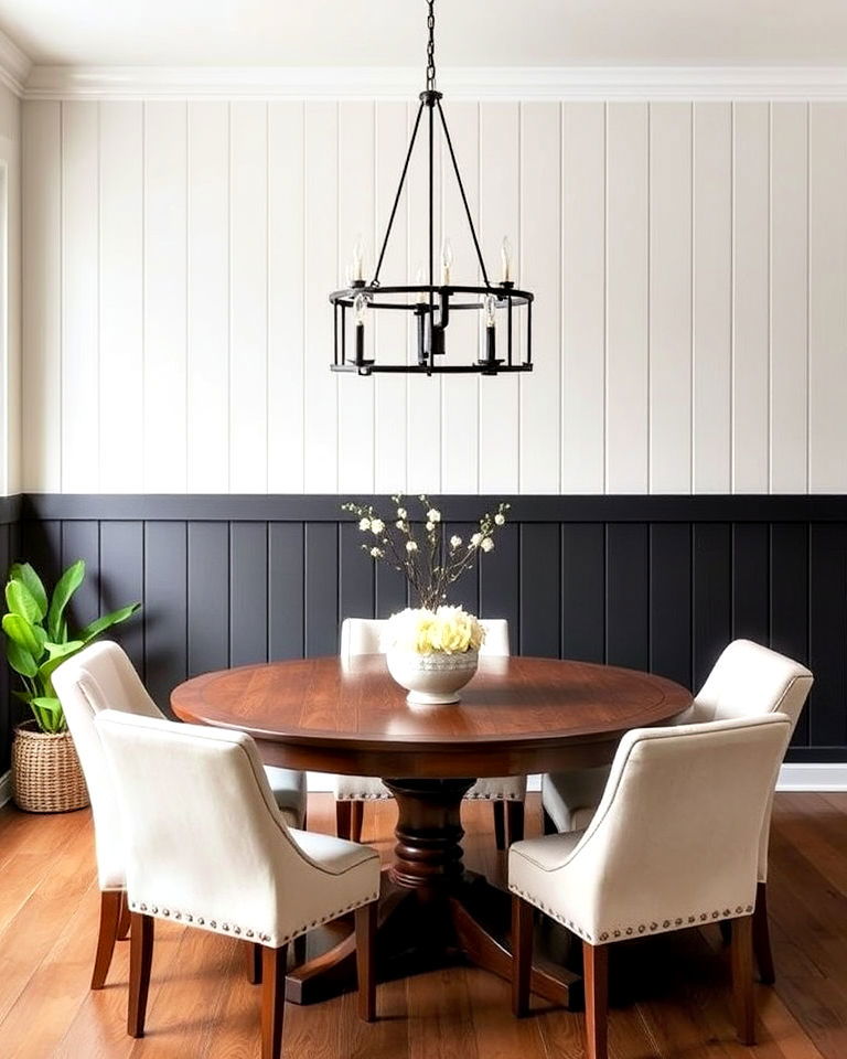 two toned shiplap wall for a chic dining contrast