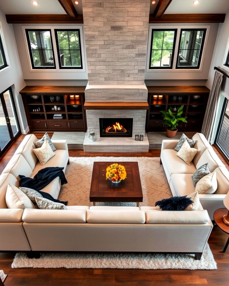 u shaped sectional surrounding a central fireplace