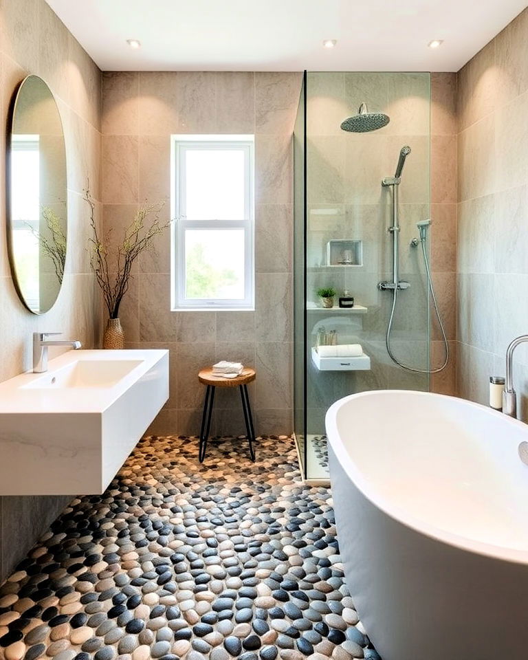 underfoot luxury bathroom with heated pebble floor