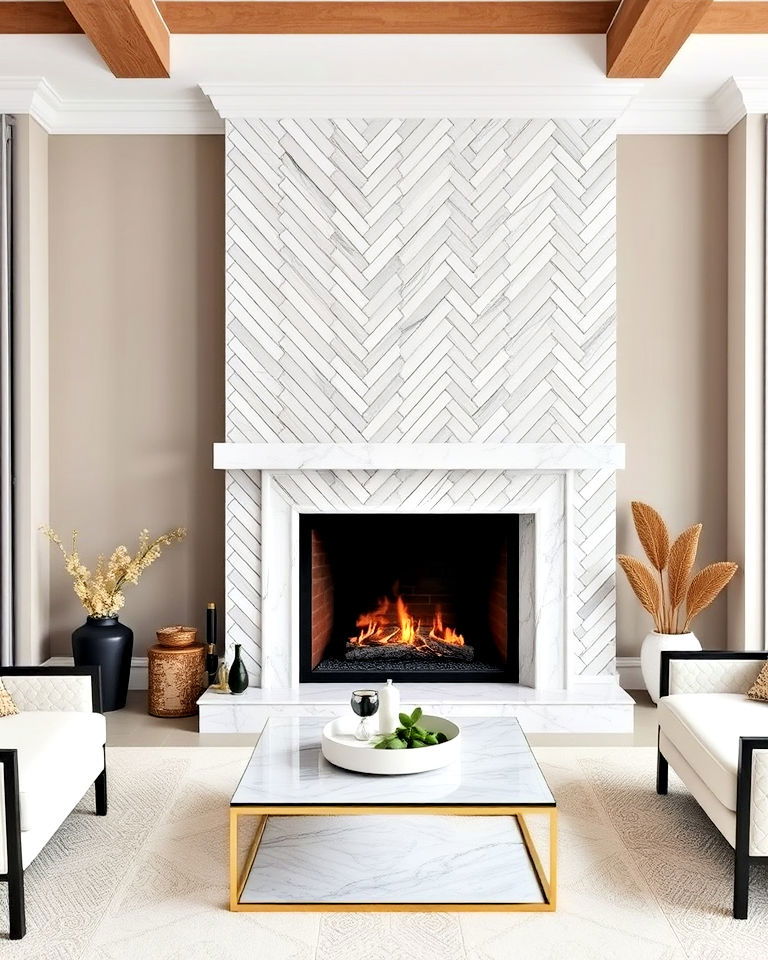 unique and stylish herringbone marble tile fireplace