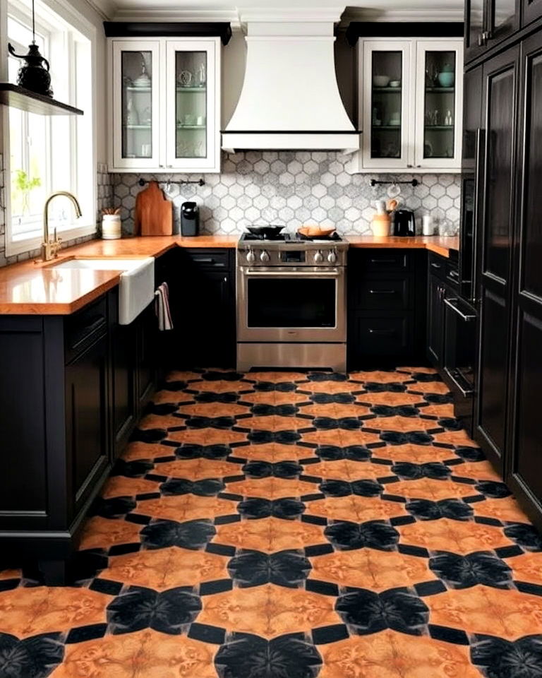 unique black and brown patterned floor tiles for kitchen