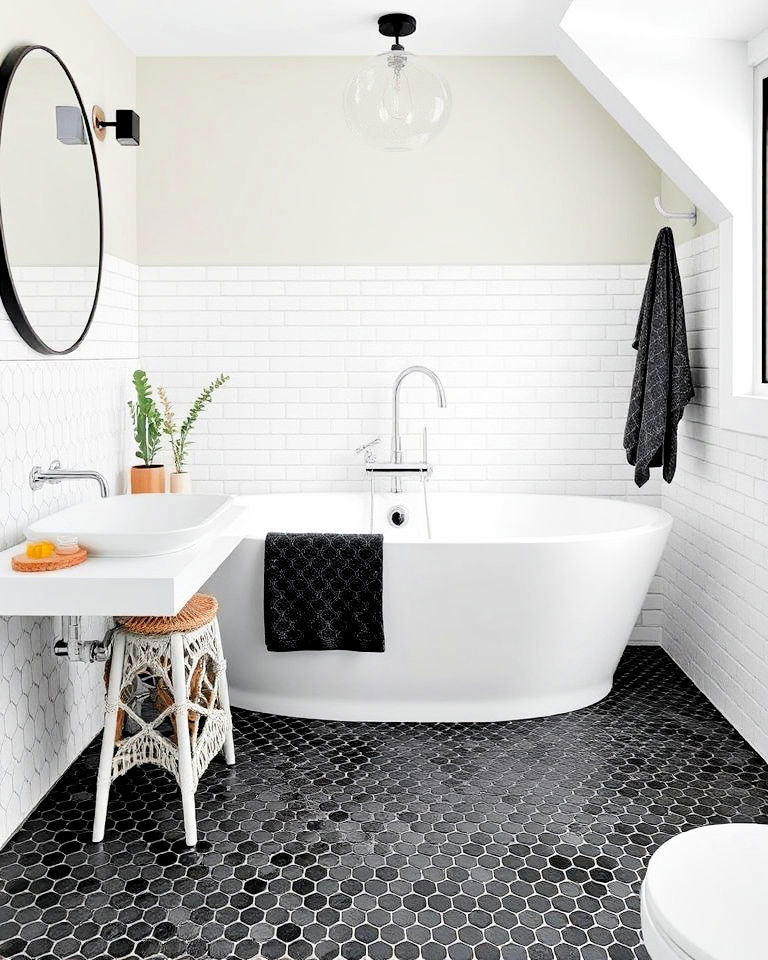 unique black penny tiled bathroom floor