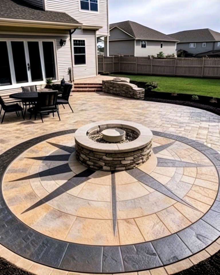 unique compass patterned stamped patio with stone fire pit