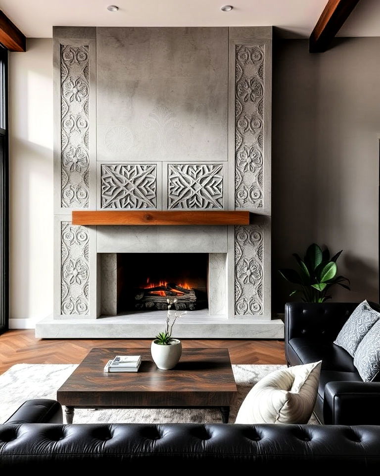 unique concrete fireplace with custom carvings