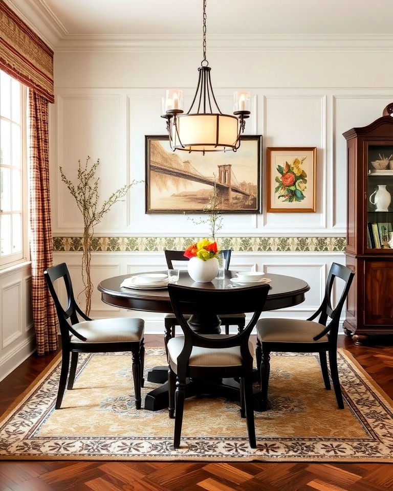 unique dining room wainscoting with tile inlays