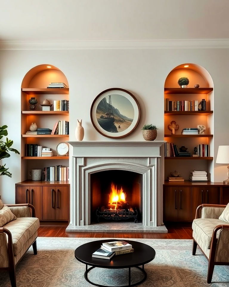 unique fireplace with curved shelves