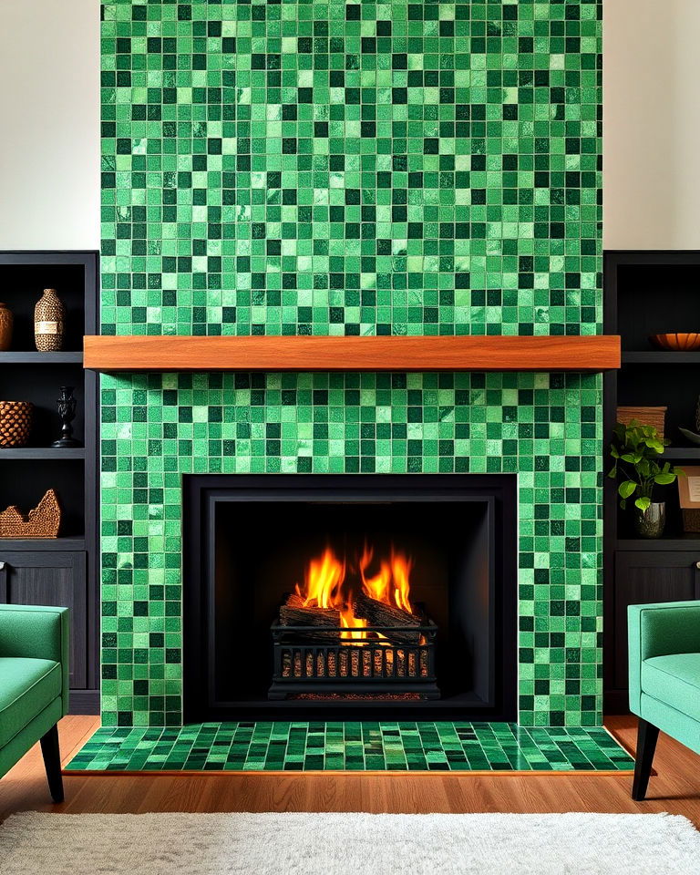 unique green mosaic tile fireplace