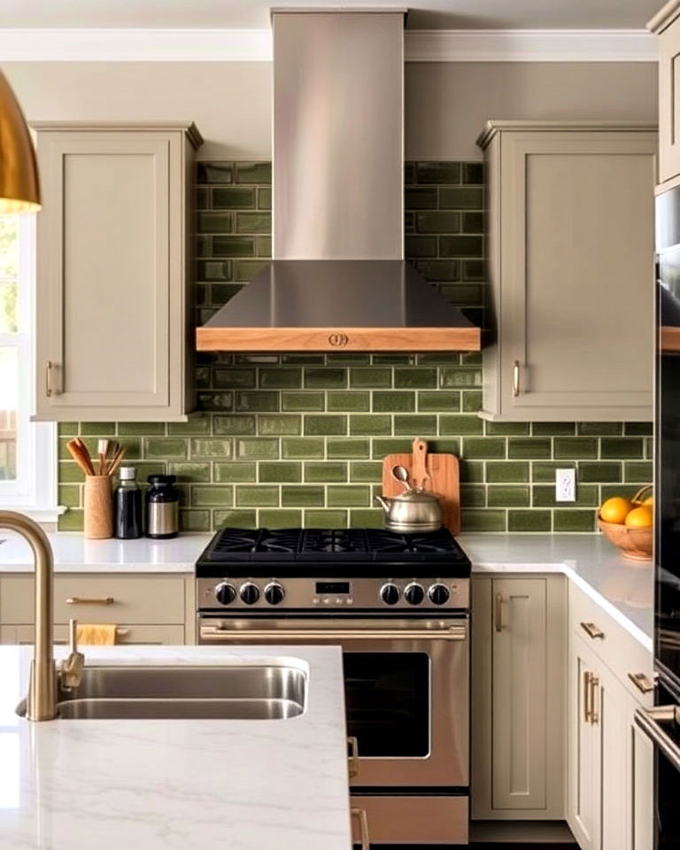 unique olive green kitchen backsplash