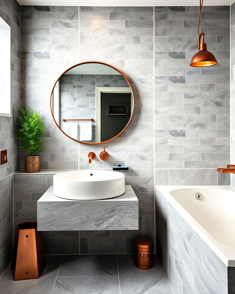 unique pairing grey tiles with copper accents