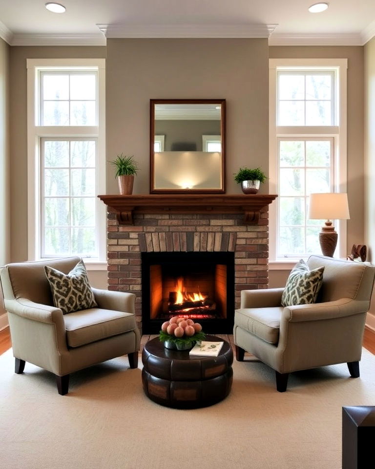 upholstered armchairs by the fireplace