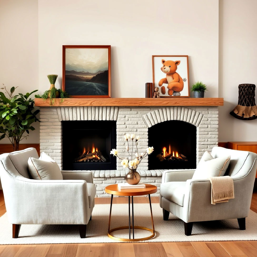 upholstered armchairs in front of fireplace