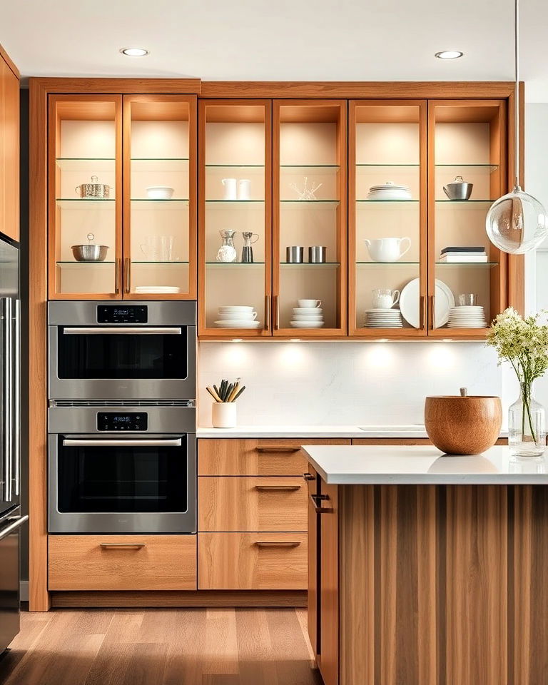 upper glass cabinets with wooden frames