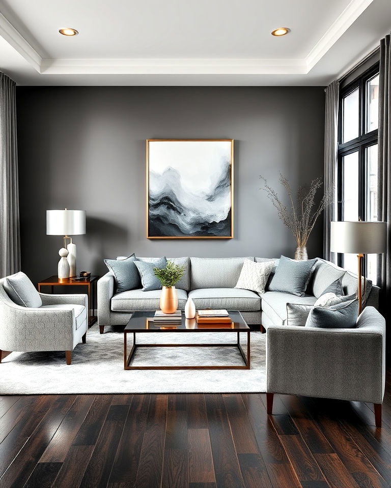 urban chic grey and metallic living room with dark wood floor