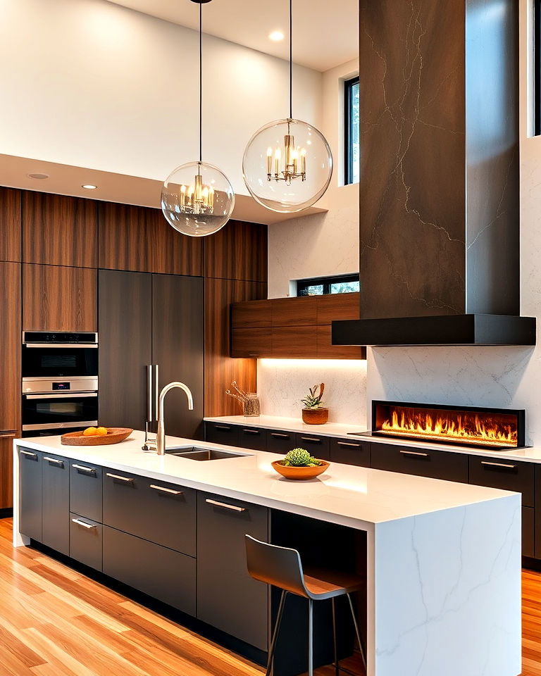 urban chic kitchen with linear gas fireplace