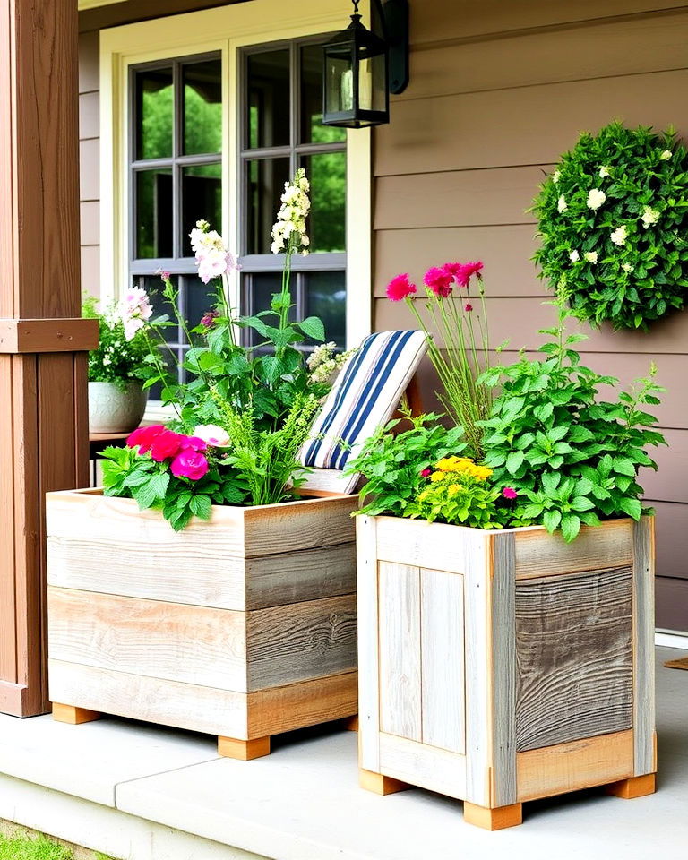 use distressed wood planters for greenery