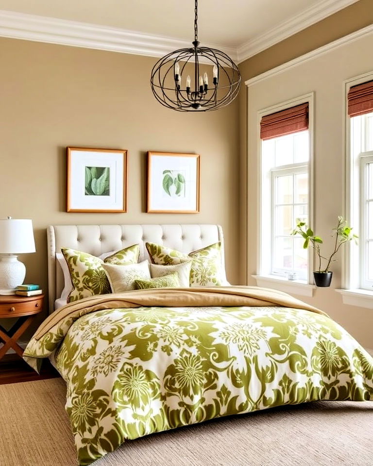 use olive green bedding with bold patterns