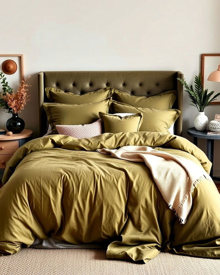 use olive green duvets and quilts for cozy comfort