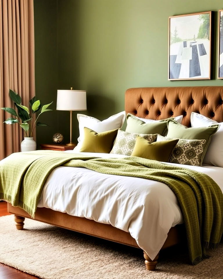 use olive green throw pillows for a pop of color