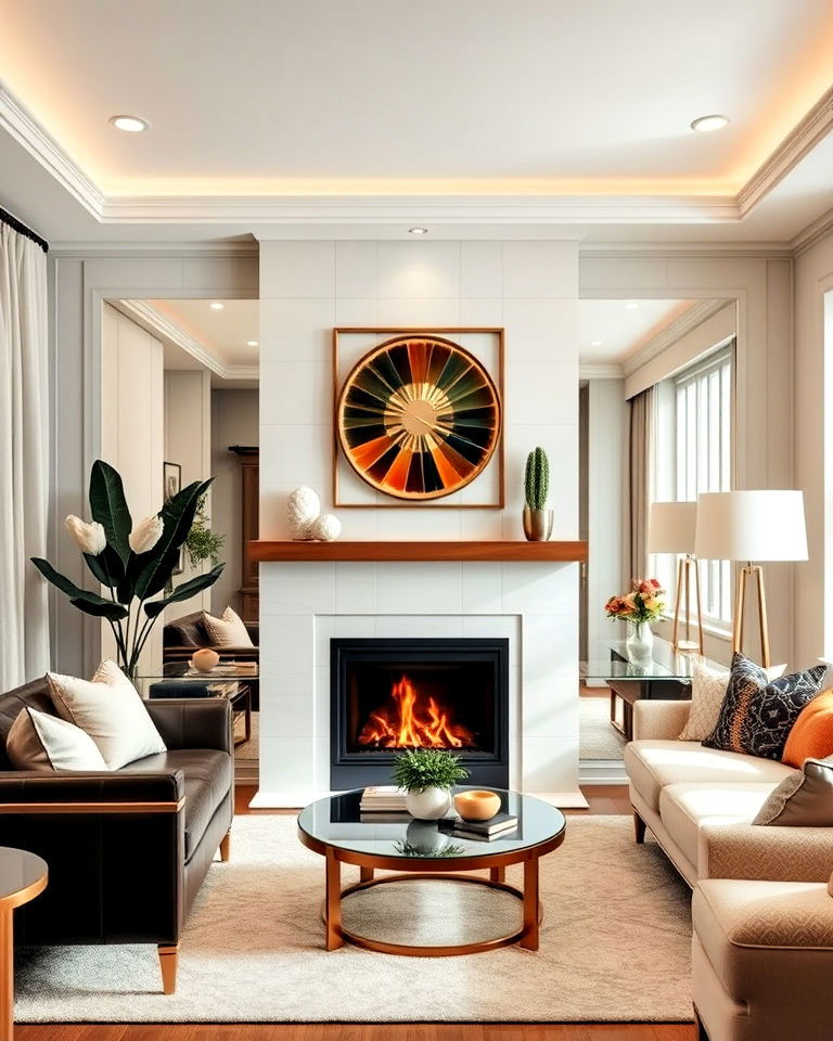 use reflective materials around the fireplace