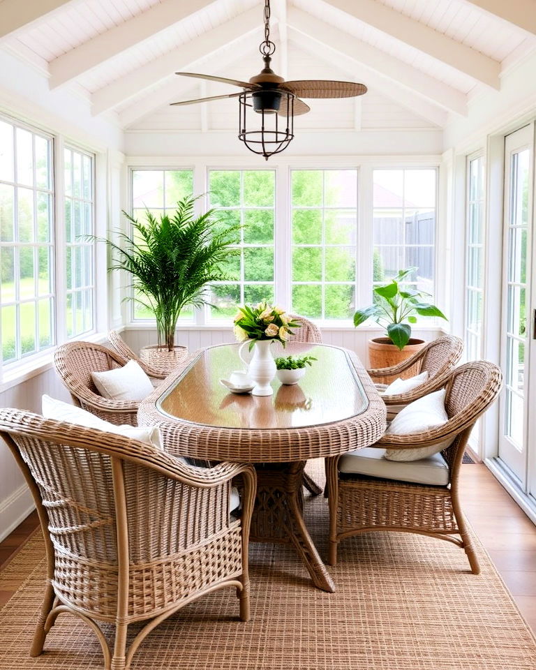 utilize wicker or rattan furniture for a breezy look