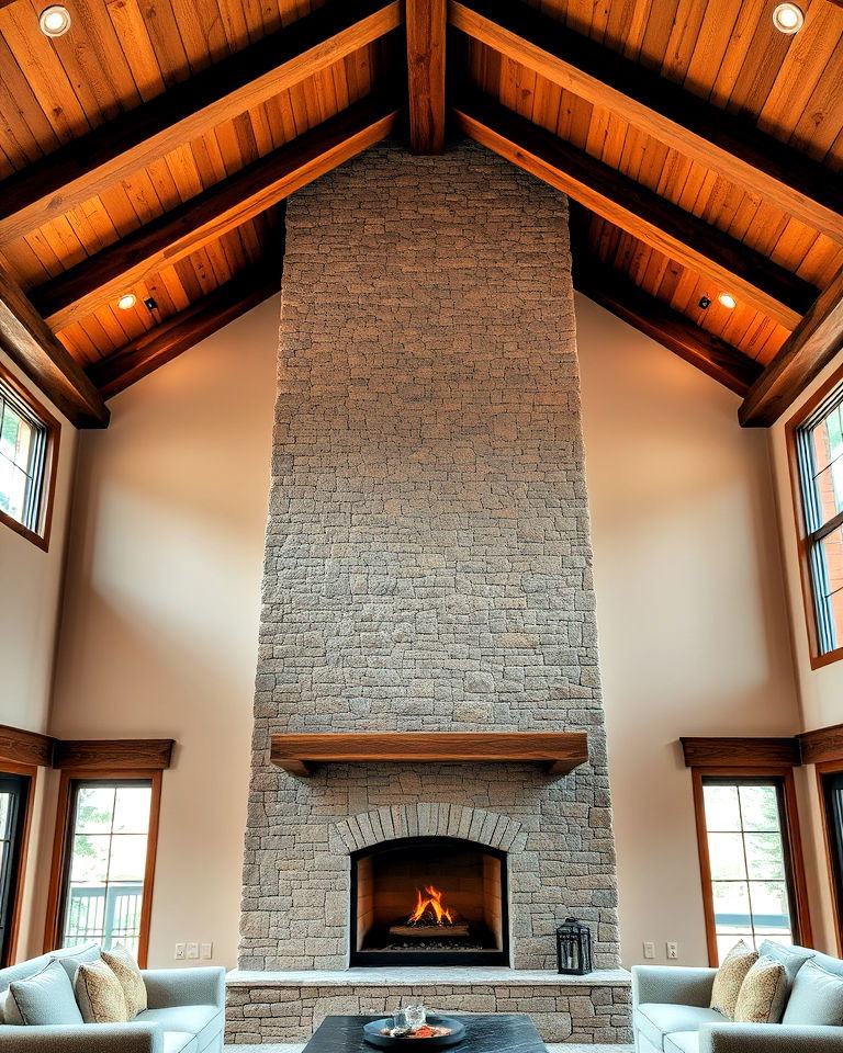 vaulted ceiling with exposed beams and stone fireplace