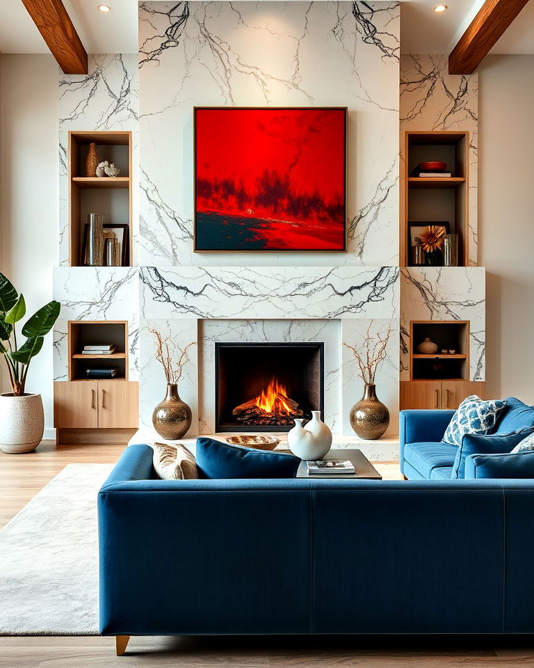 veined quartz fireplace surround