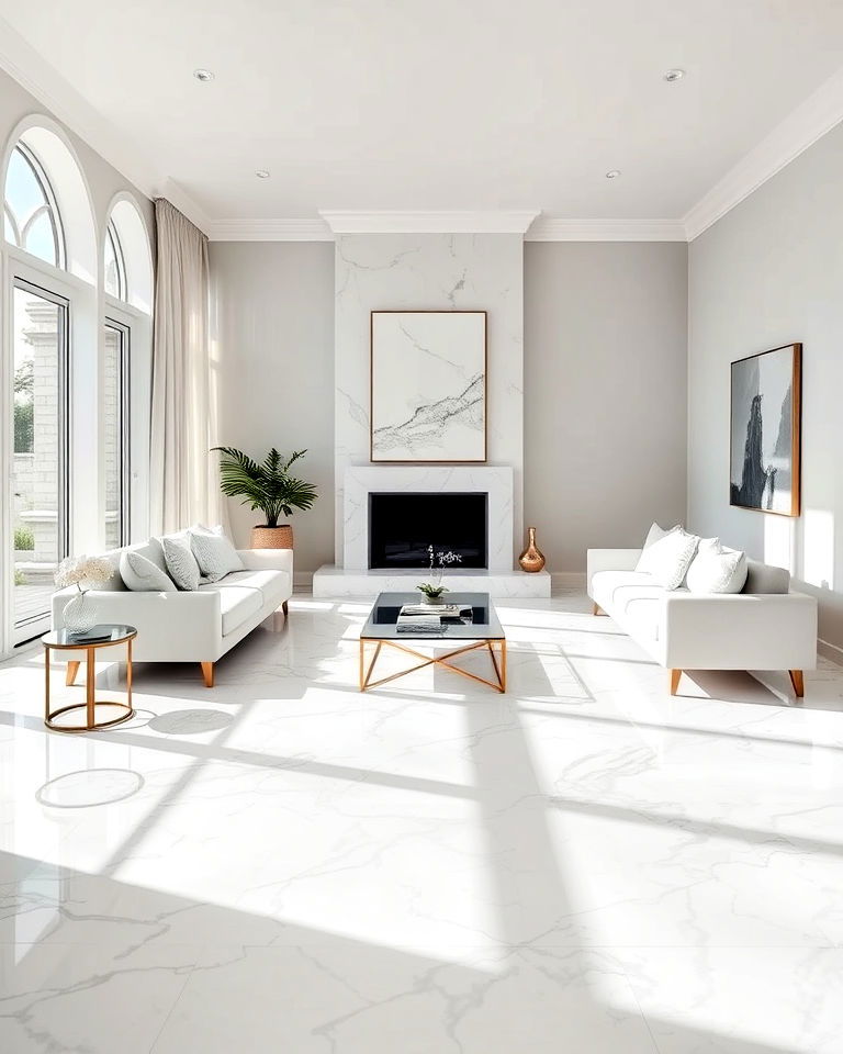 veined white marble floors with natural light