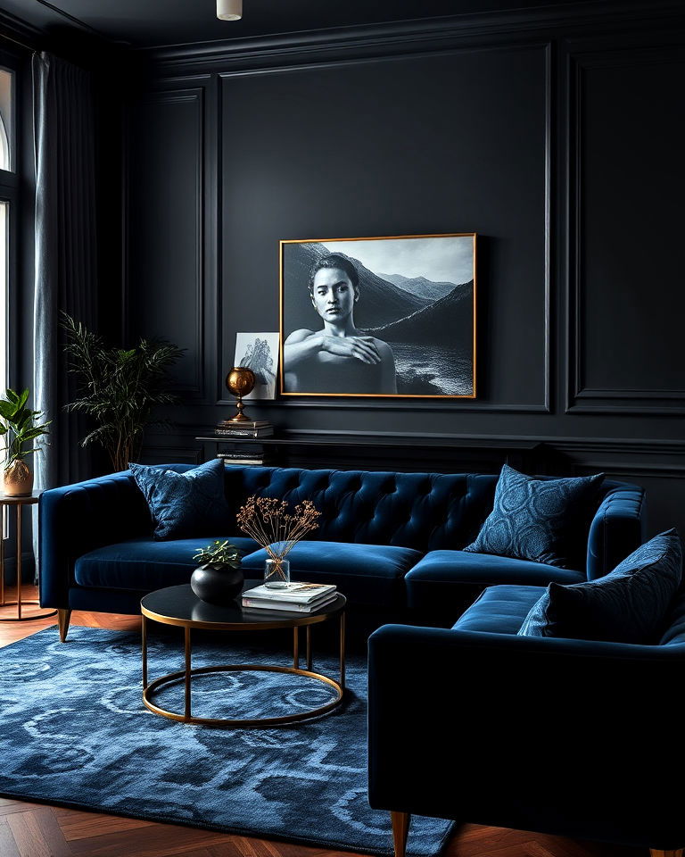 velvet sofas moody living room