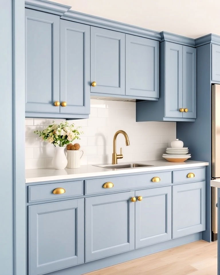 versatile blue gray cabinets with gold oval knobs