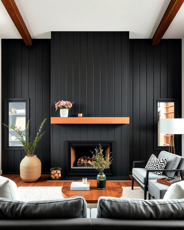 vertical black shiplap fireplace