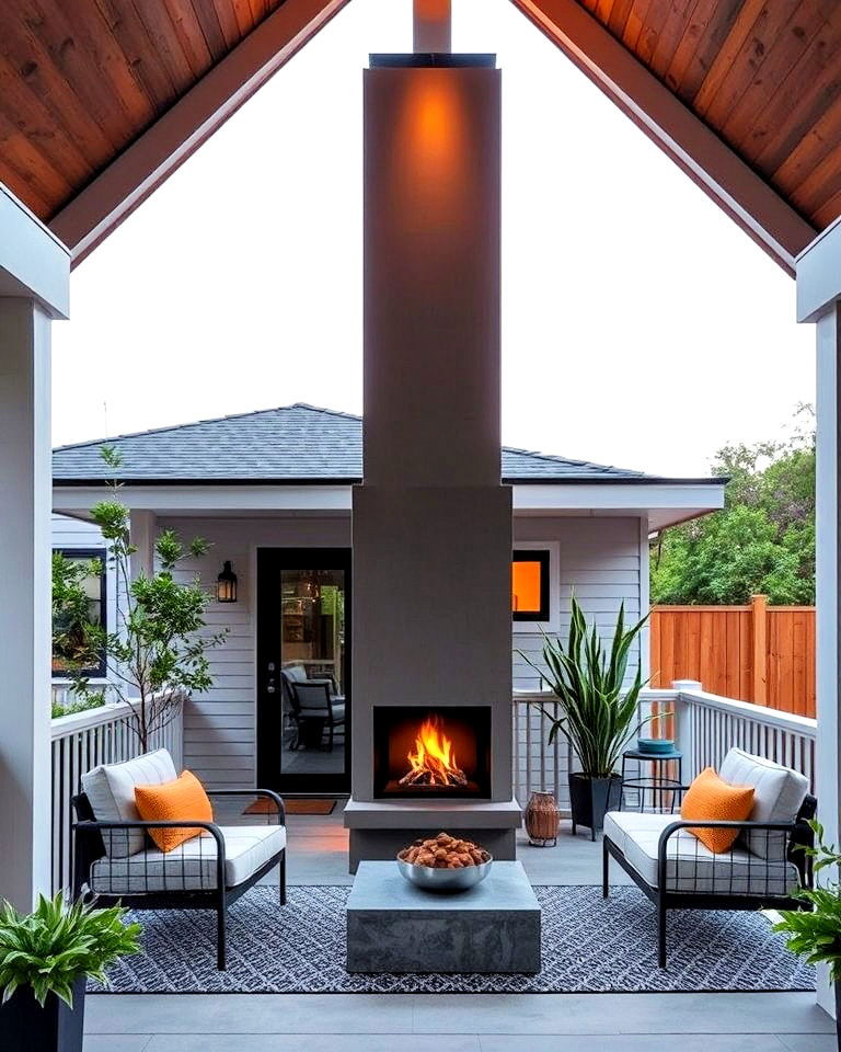 vertical fireplace to maximize space on your porch