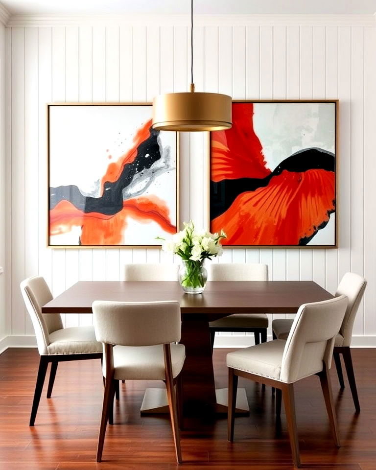 vertical shiplap dining walls with bold artworks