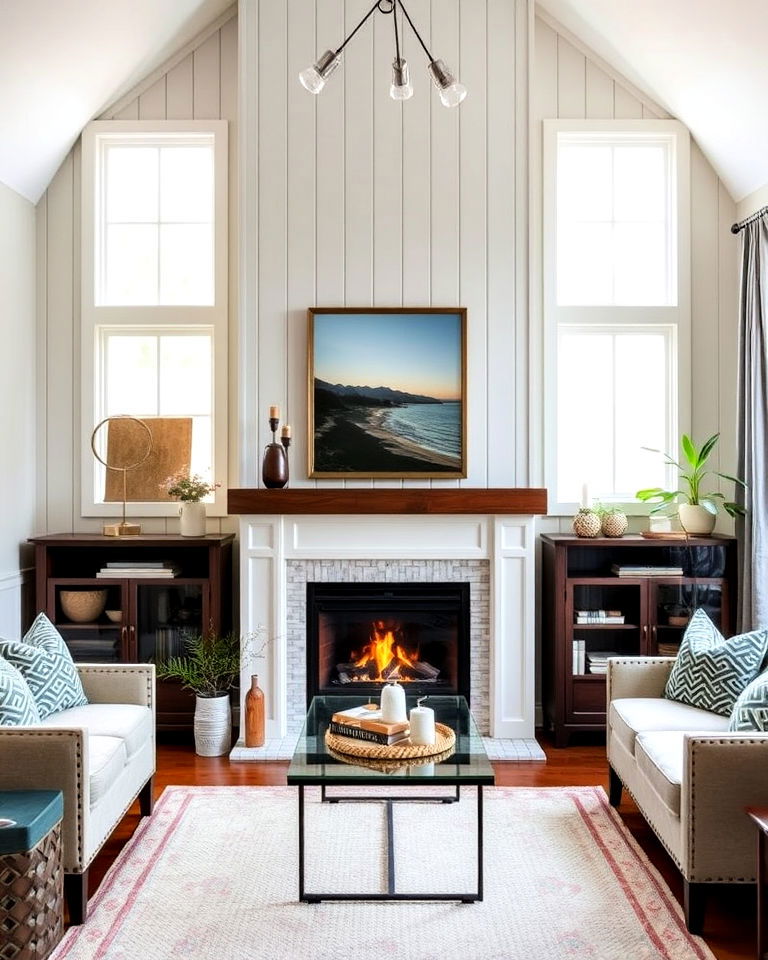 vertical shiplap wall fireplace