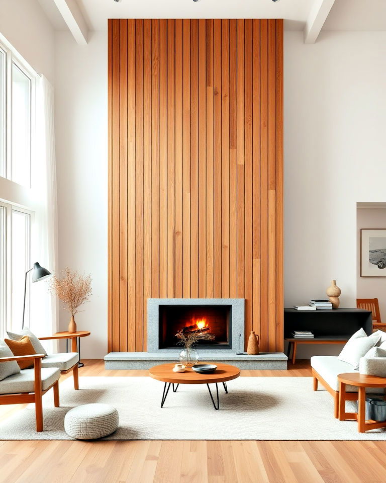 vertical wood paneling around the fireplace